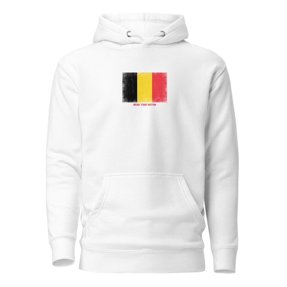 Belgium flag hoodie in White, vintage-washed print, flag on the chest, unisex cut, front view