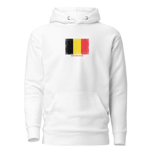 Belgium flag hoodie in White, vintage-washed print, flag on the chest, unisex cut, front view