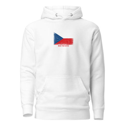 Czechia flag hoodie in White, vintage-washed print, flag on the chest, unisex cut, front view
