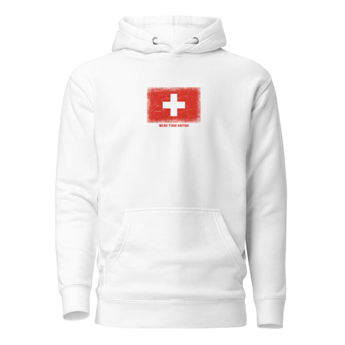 Switzerland flag hoodie in White, vintage-washed print, flag on the chest, unisex cut, front view