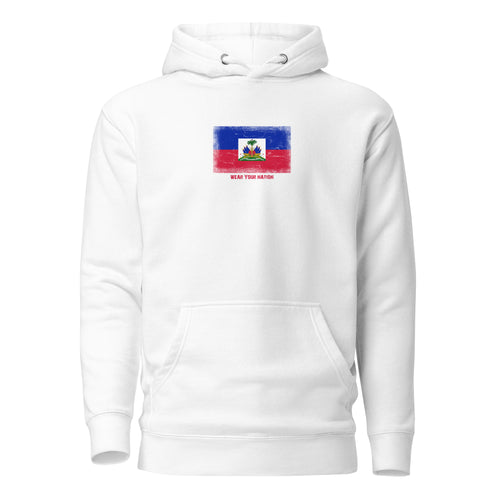 Haiti flag hoodie in White, vintage-washed print, flag on the chest, unisex cut, front view