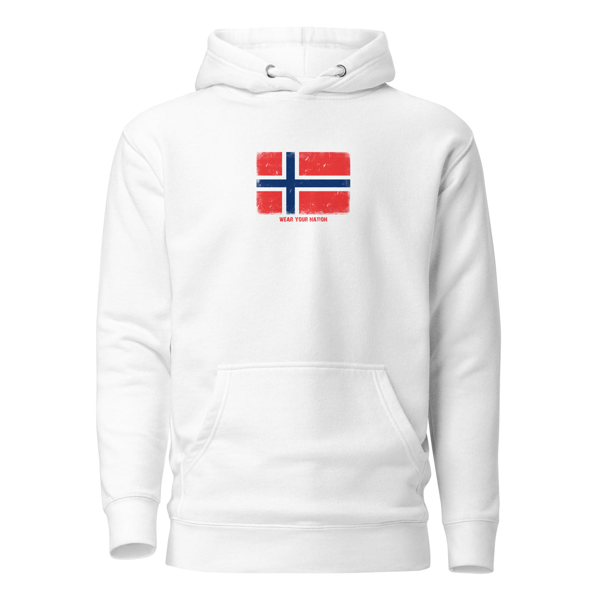Norway flag hoodie in White, vintage-washed print, flag on the chest, unisex cut, front view