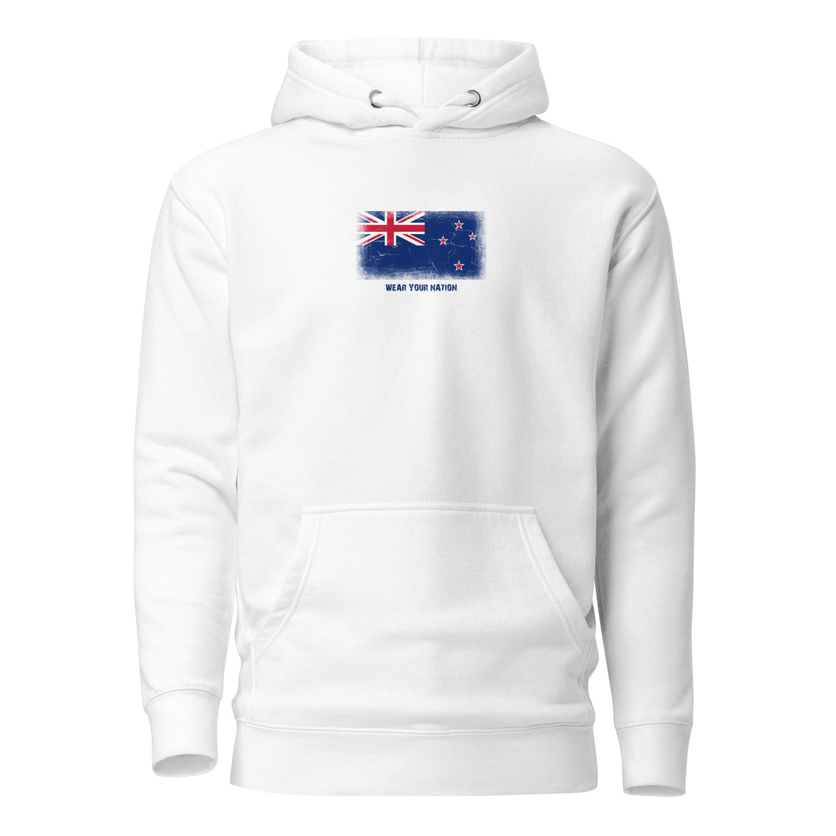 New Zealand flag hoodie in White, vintage-washed print, flag on the chest, unisex cut, front view