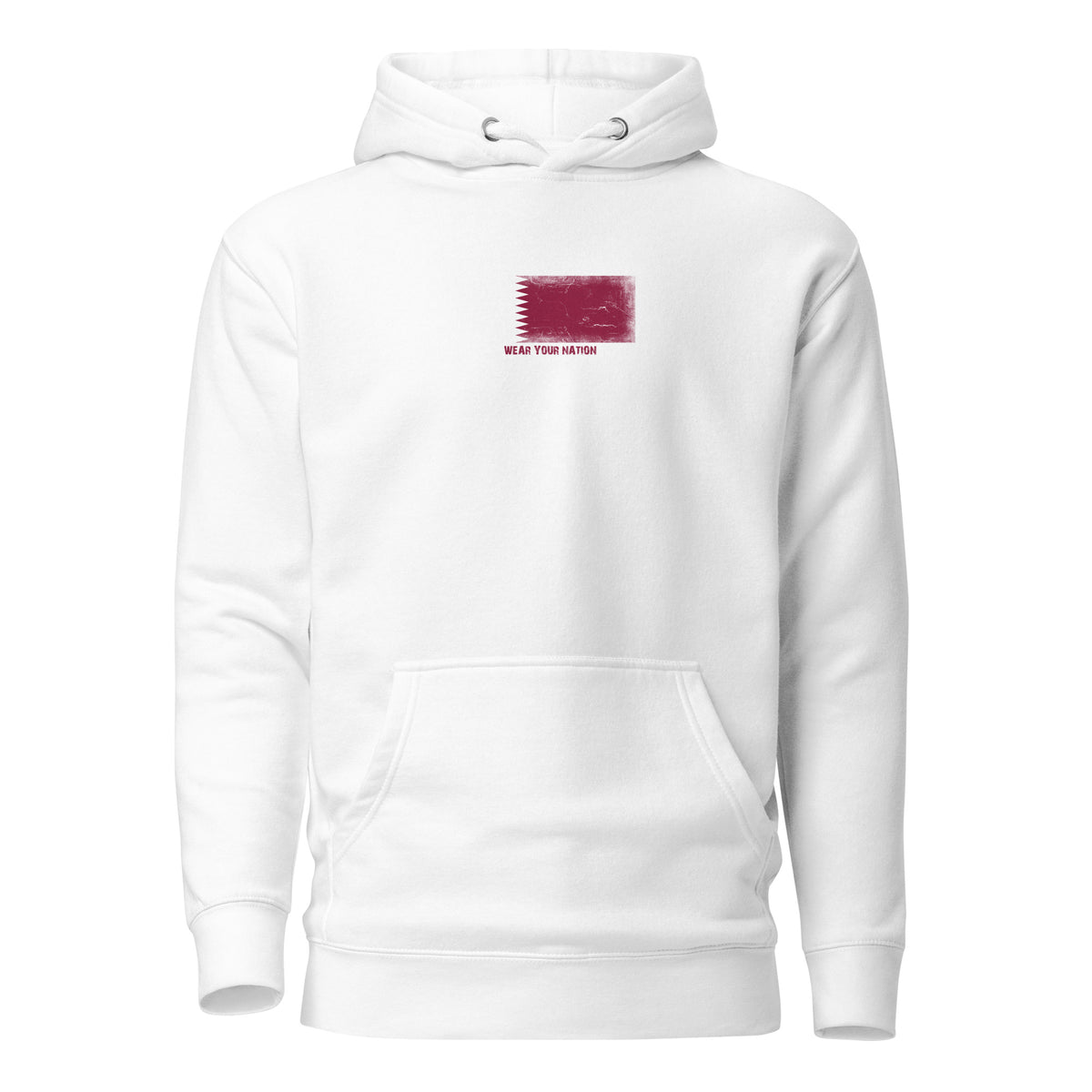 Qatar flag hoodie in White, vintage-washed print, flag on the chest, unisex cut, front view