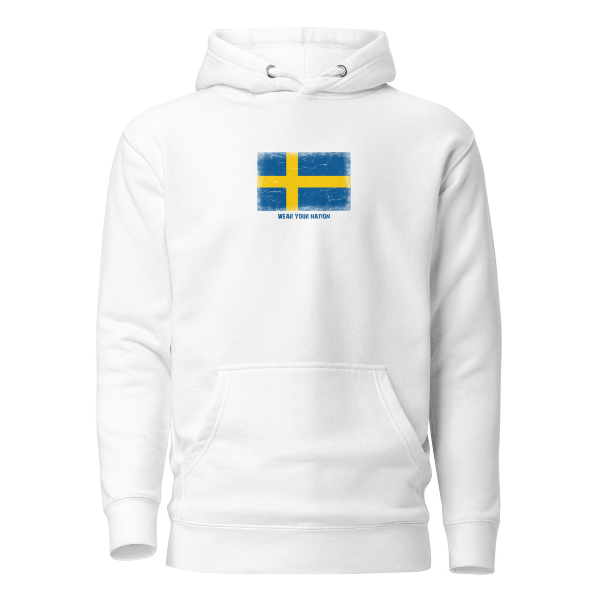 Sweden flag hoodie in White, vintage-washed print, flag on the chest, unisex cut, front view