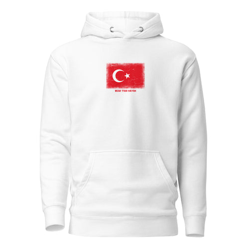 Turkey flag hoodie in White, vintage-washed print, flag on the chest, unisex cut, front view