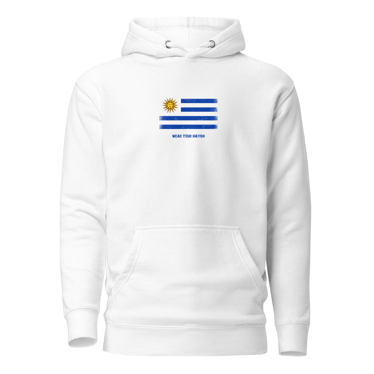 Uruguay flag hoodie in White, vintage-washed print, flag on the chest, unisex cut, front view