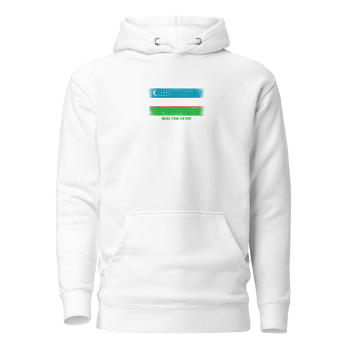 Uzbekistan flag hoodie in White, vintage-washed print, flag on the chest, unisex cut, front view