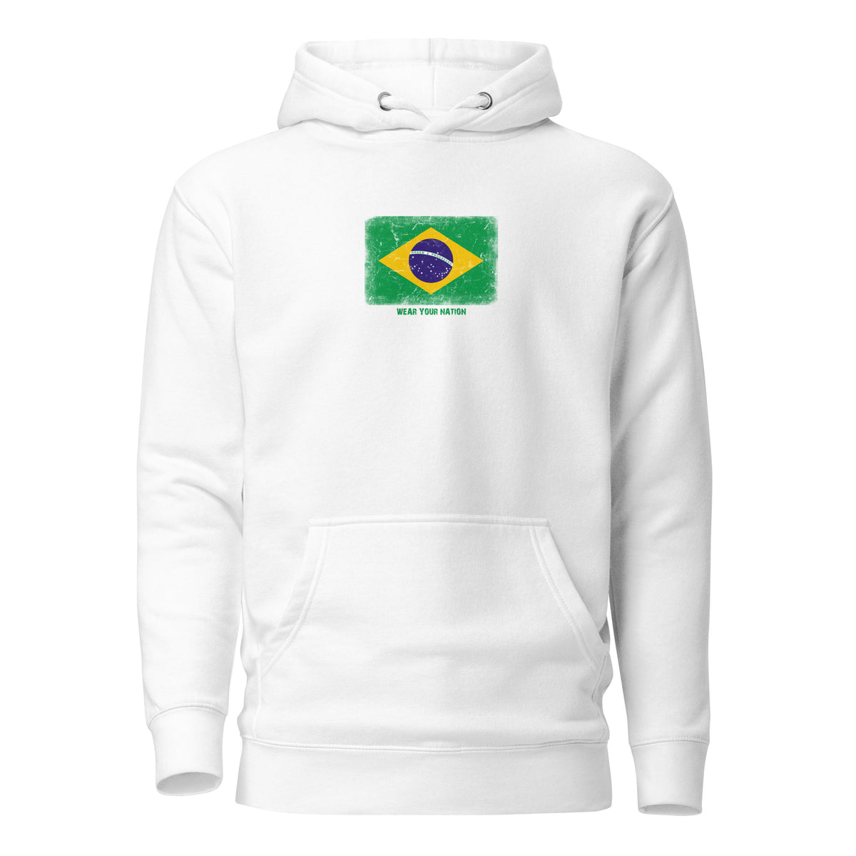 Brasil flag hoodie in White, vintage-washed print, flag on the chest, unisex cut, front view
