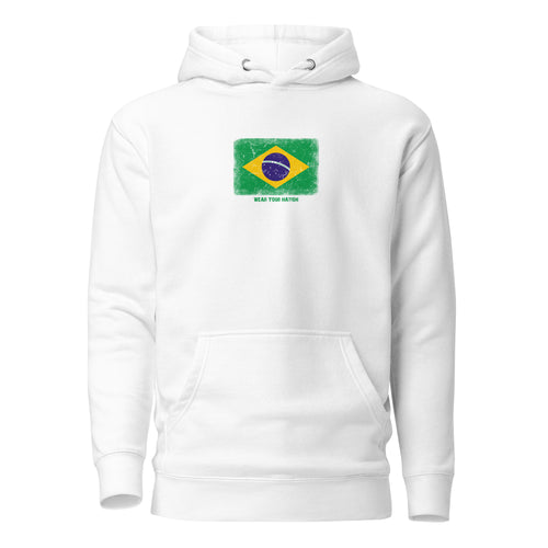 Brasil flag hoodie in White, vintage-washed print, flag on the chest, unisex cut, front view