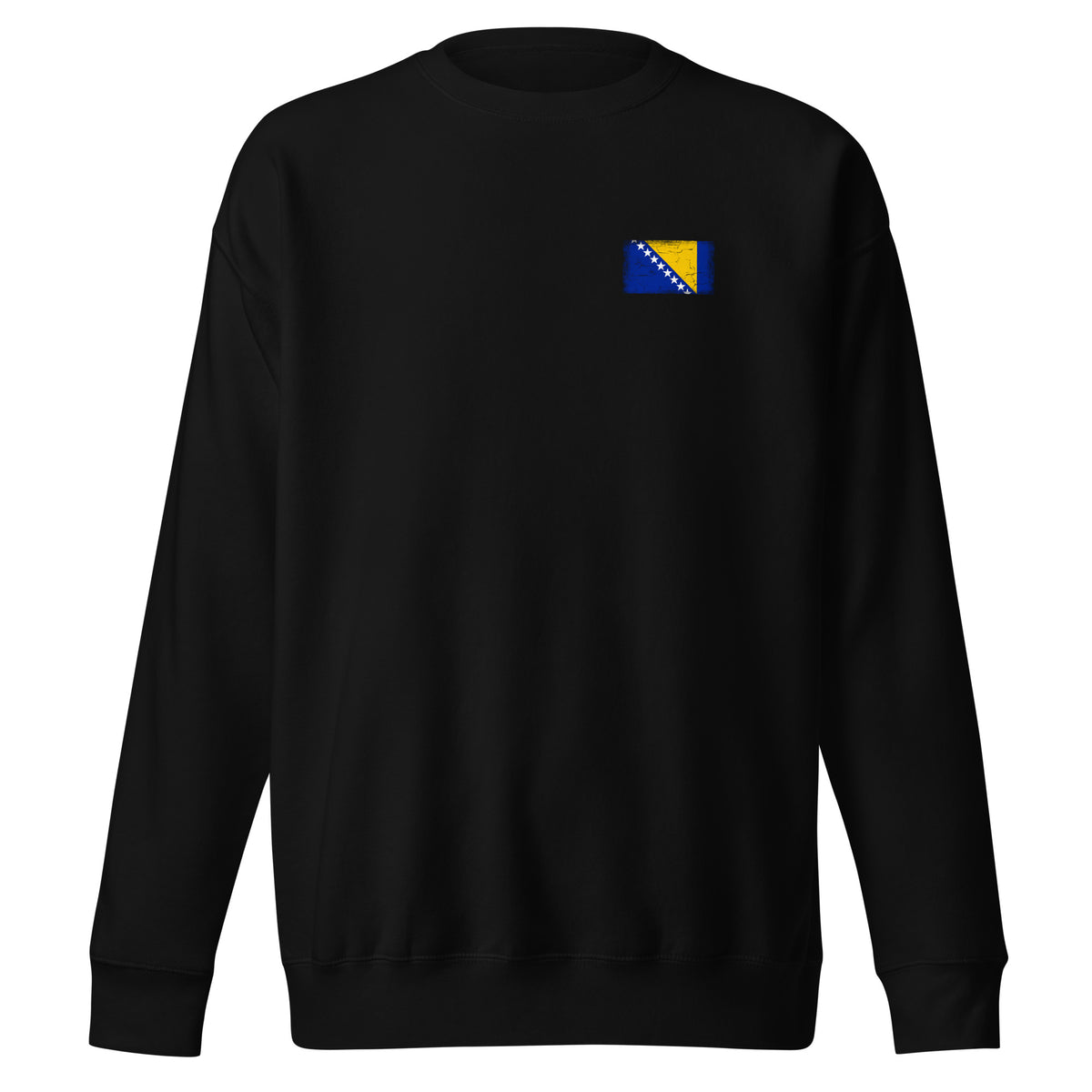 Bosnia and Herzegovina flag sweatshirt in Black, vintage-washed print, small flag on the left chest, unisex cut, front view