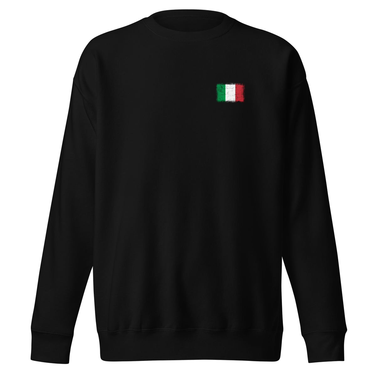 Italy flag sweatshirt in Black, vintage-washed print, small flag on the left chest, unisex cut, front view