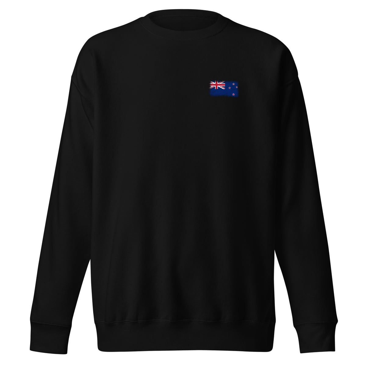 New Zealand flag sweatshirt in Black, vintage-washed print, small flag on the left chest, unisex cut, front view