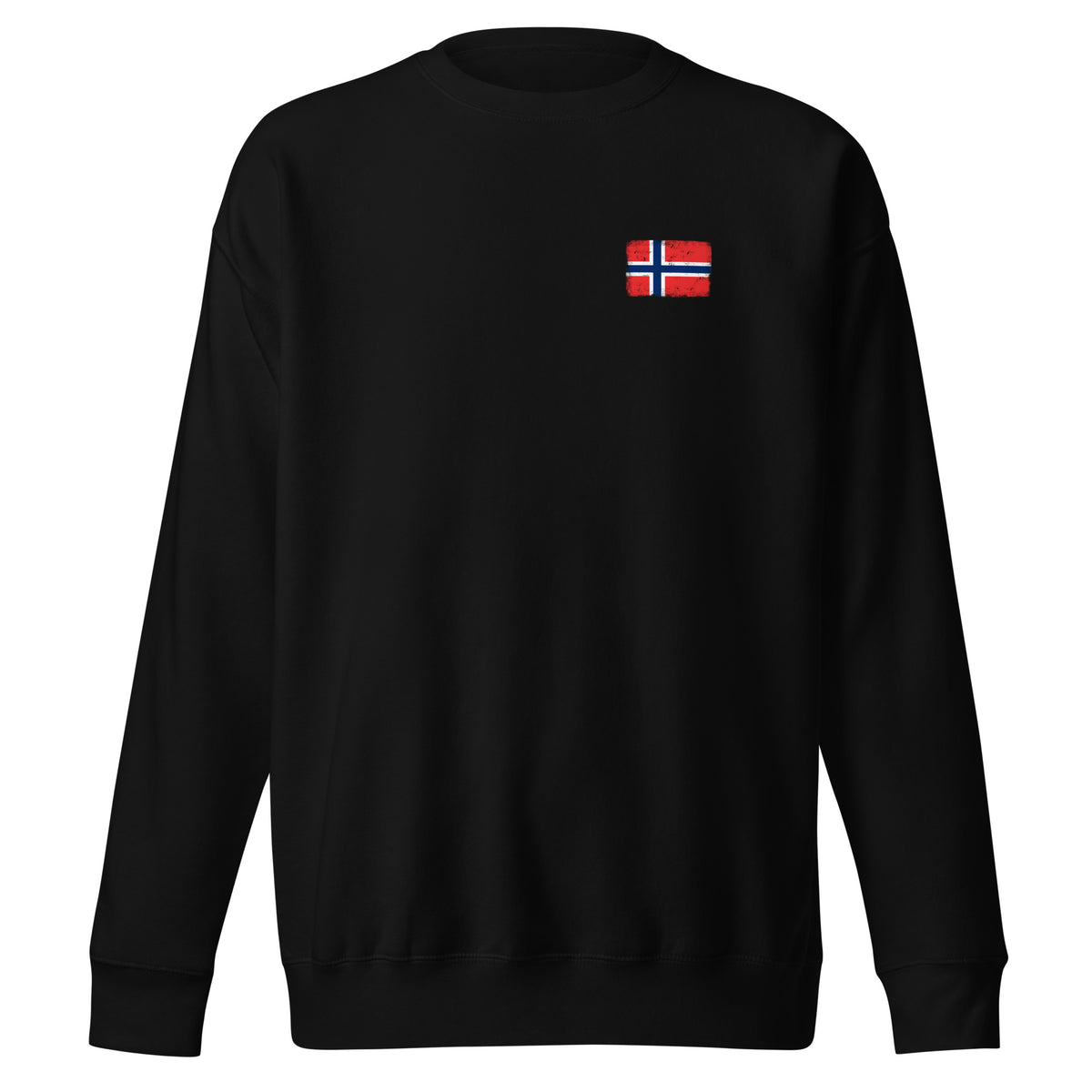 Norway flag sweatshirt in Black, vintage-washed print, small flag on the left chest, unisex cut, front view