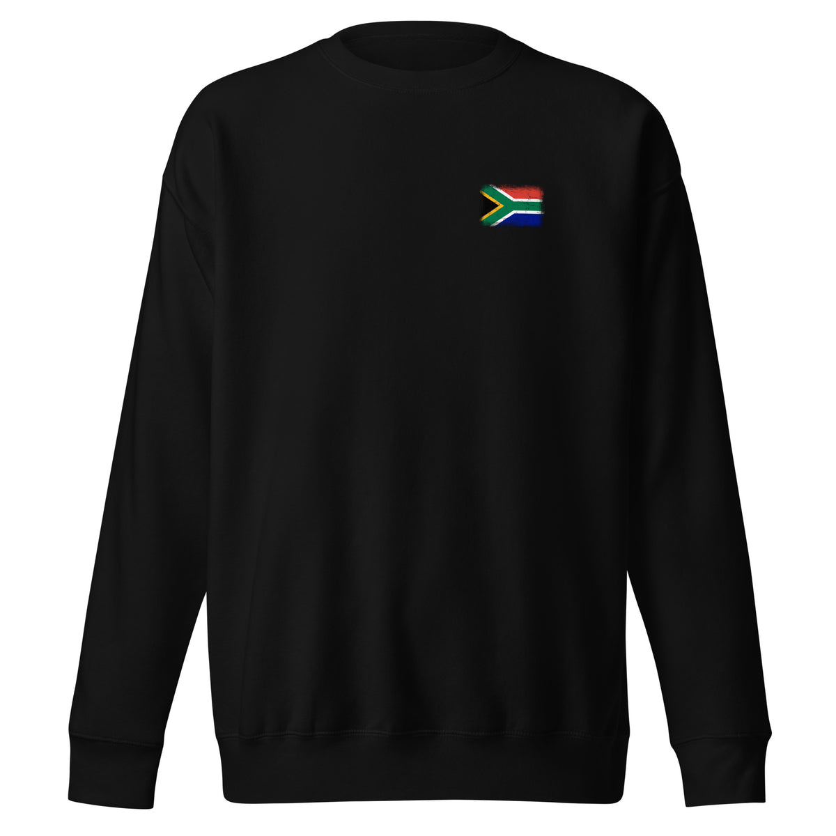 South Africa flag sweatshirt in Black, vintage-washed print, small flag on the left chest, unisex cut, front view
