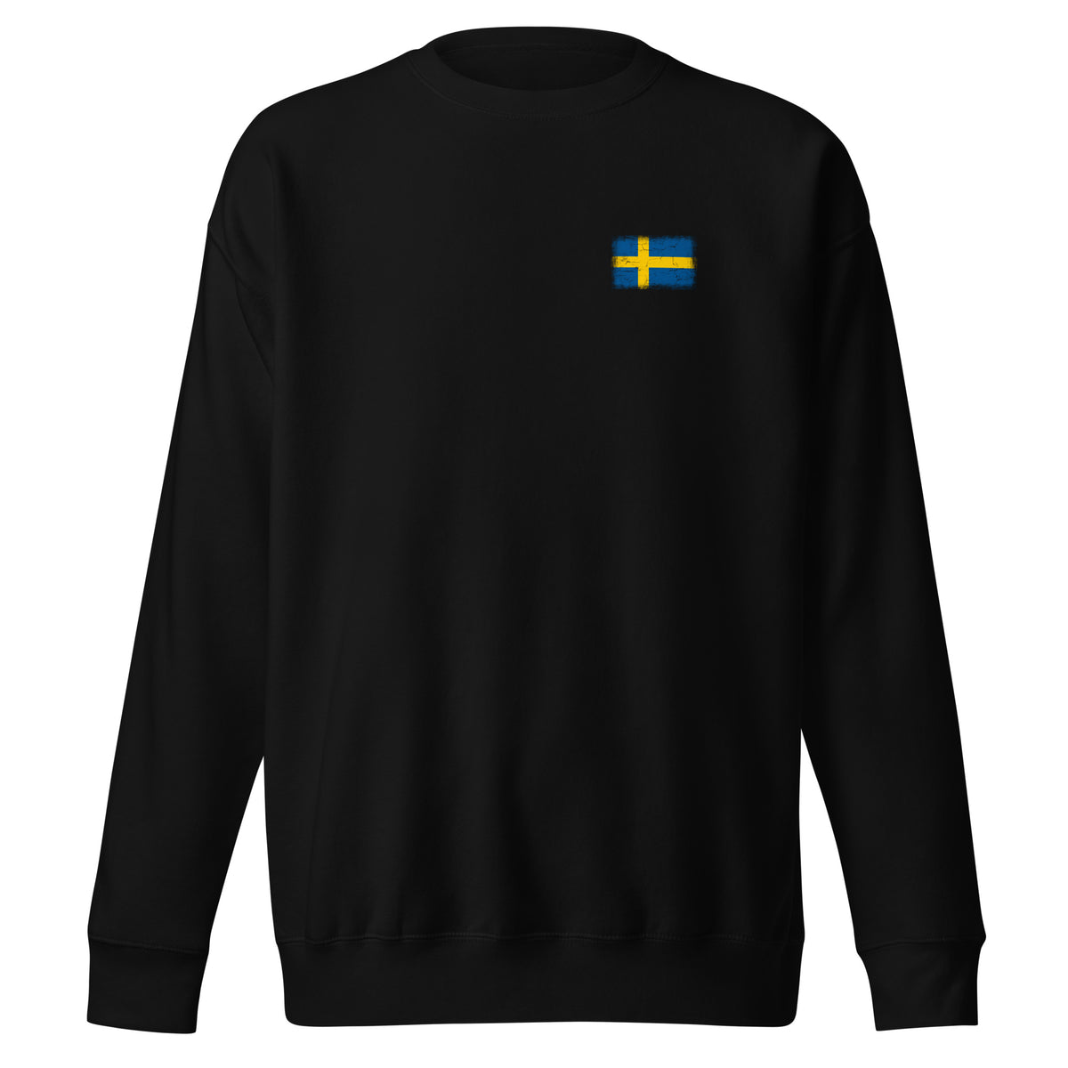 Sweden flag sweatshirt in Black, vintage-washed print, small flag on the left chest, unisex cut, front view