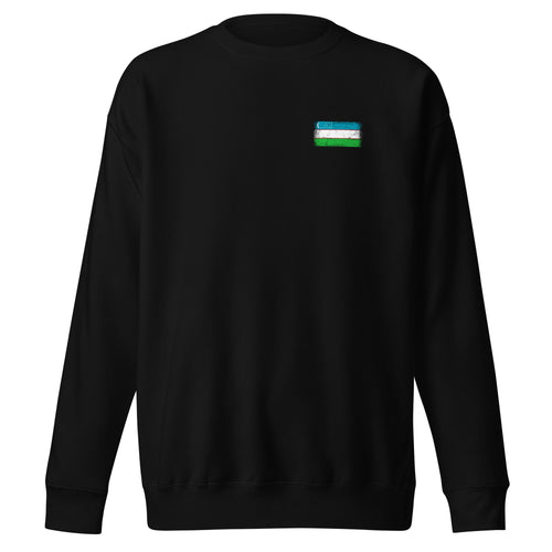 Uzbekistan flag sweatshirt in Black, vintage-washed print, small flag on the left chest, unisex cut, front view