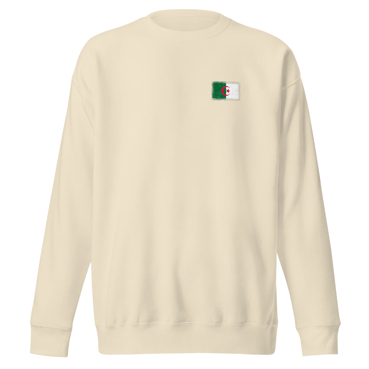 Algeria flag sweatshirt in Bone, vintage-washed print, small flag on the left chest, unisex cut, front view