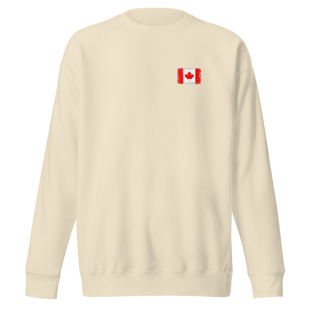 Canada flag sweatshirt in Bone, vintage-washed print, small flag on the left chest, unisex cut, front view