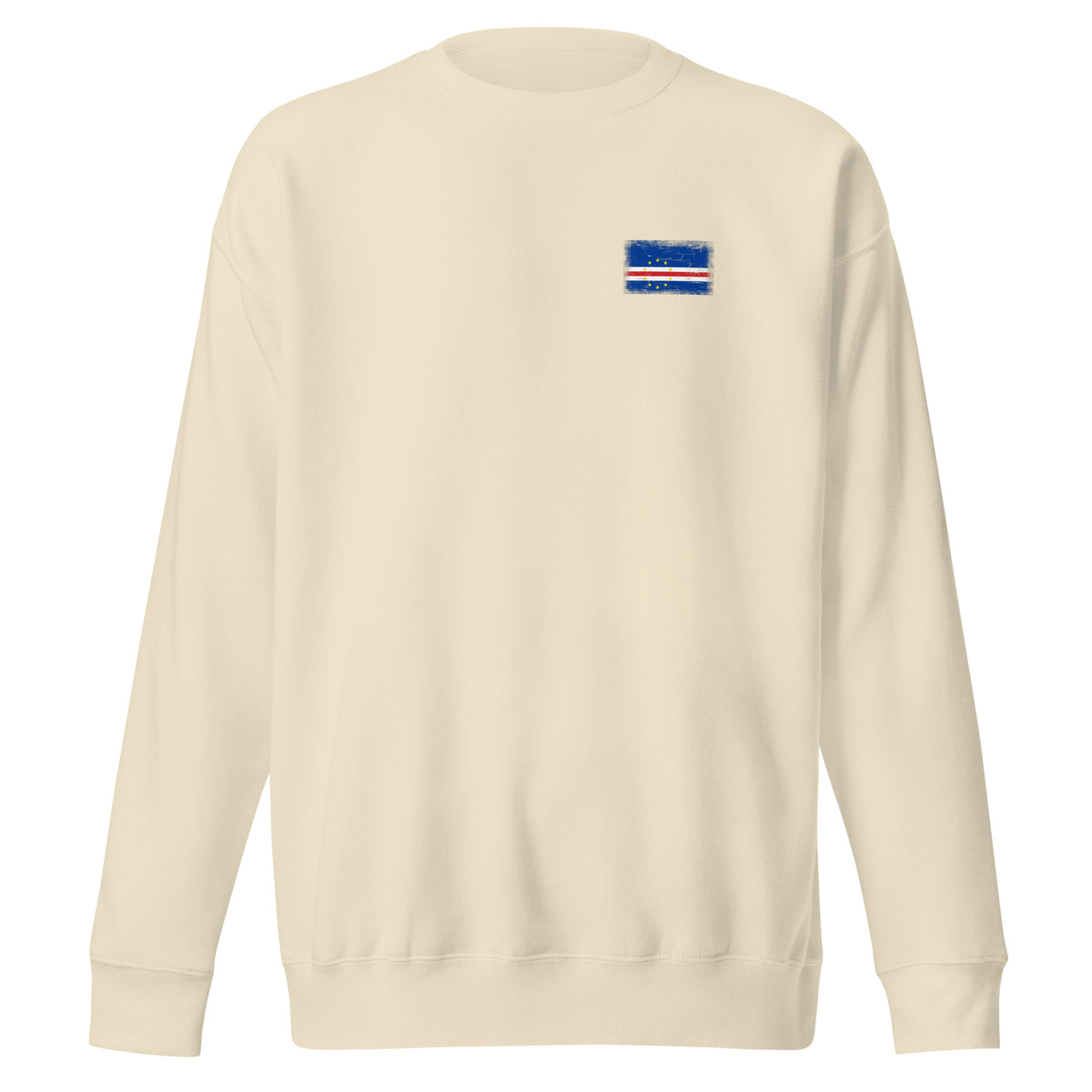 Cape Verde flag sweatshirt in Bone, vintage-washed print, small flag on the left chest, unisex cut, front view