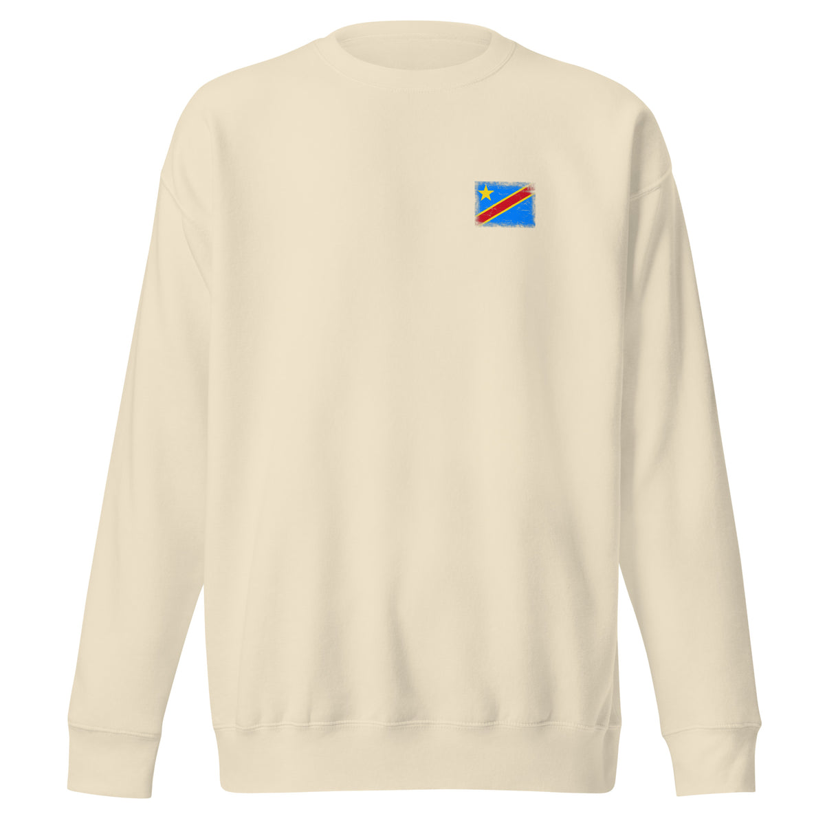 Congo flag sweatshirt in Bone, vintage-washed print, small flag on the left chest, unisex cut, front view
