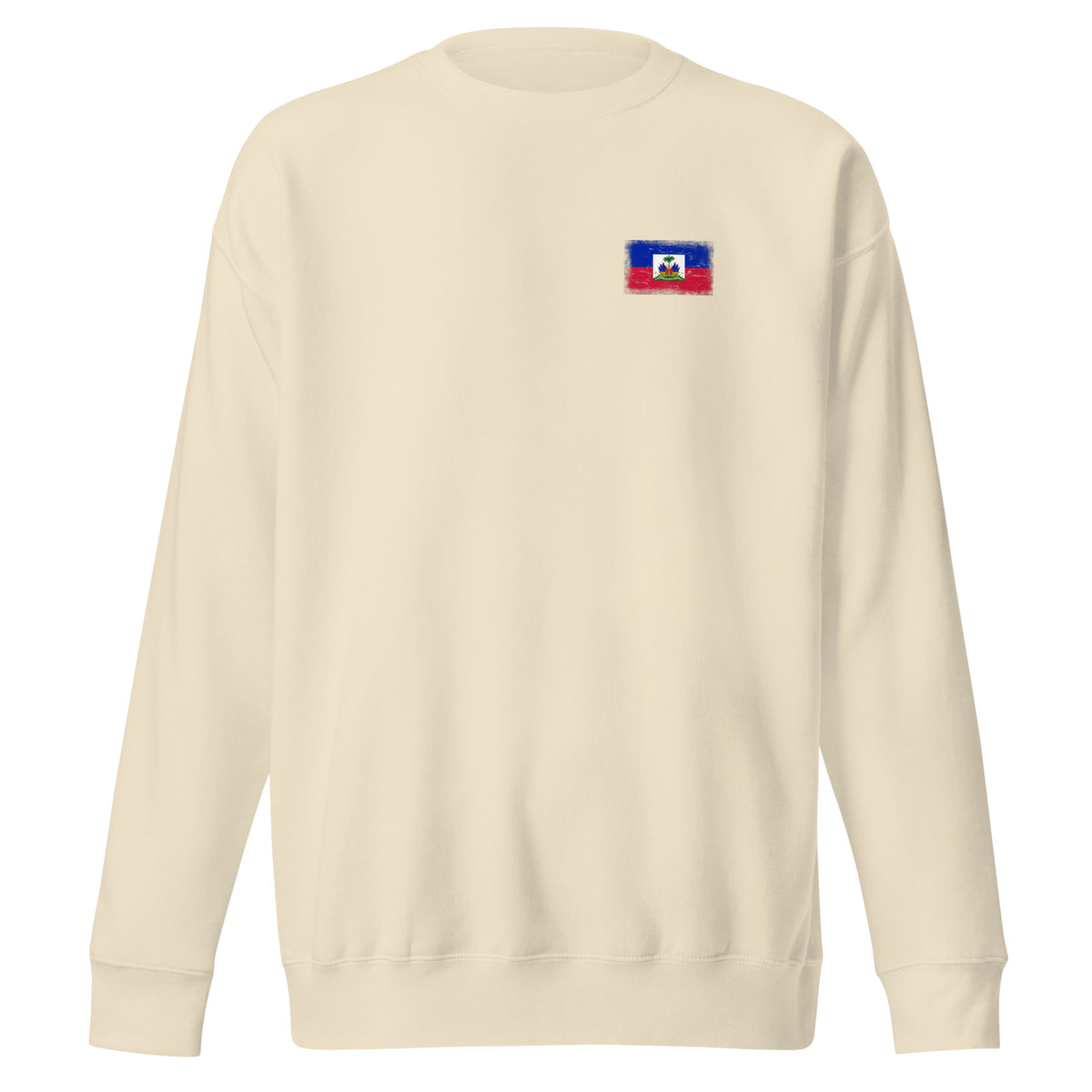Haiti flag sweatshirt in Bone, vintage-washed print, small flag on the left chest, unisex cut, front view