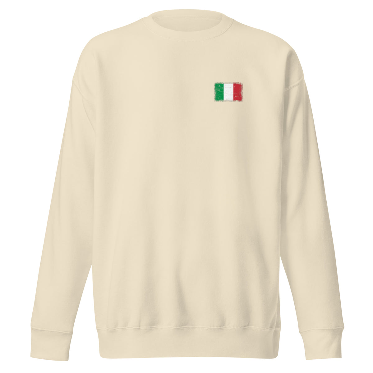 Italy flag sweatshirt in Bone, vintage-washed print, small flag on the left chest, unisex cut, front view