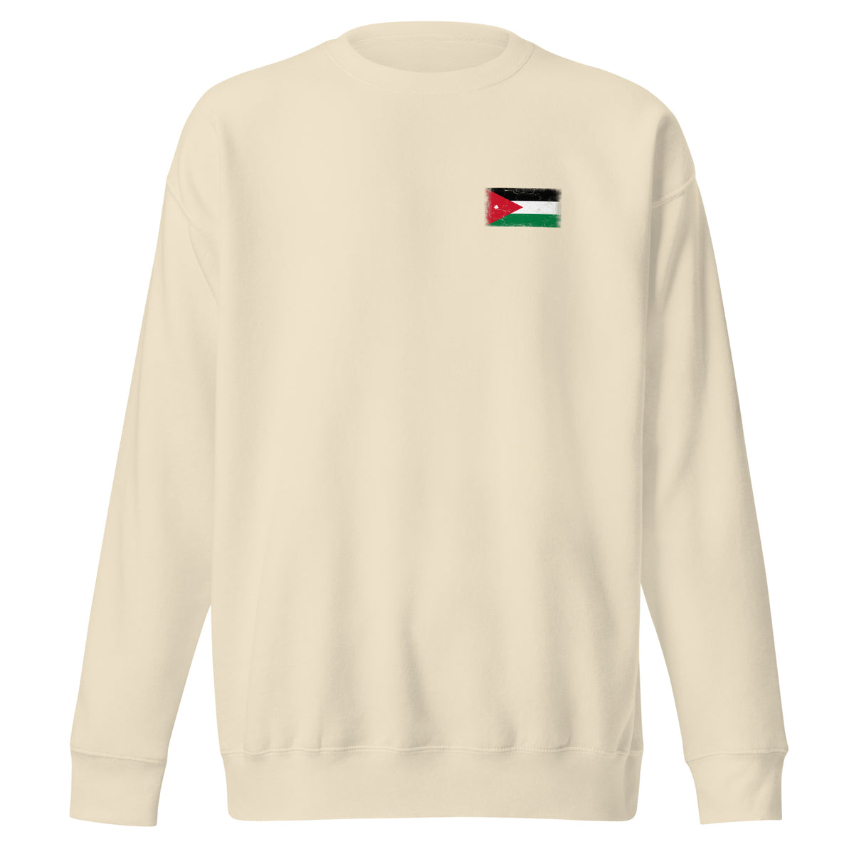 Jordan flag sweatshirt in Bone, vintage-washed print, small flag on the left chest, unisex cut, front view