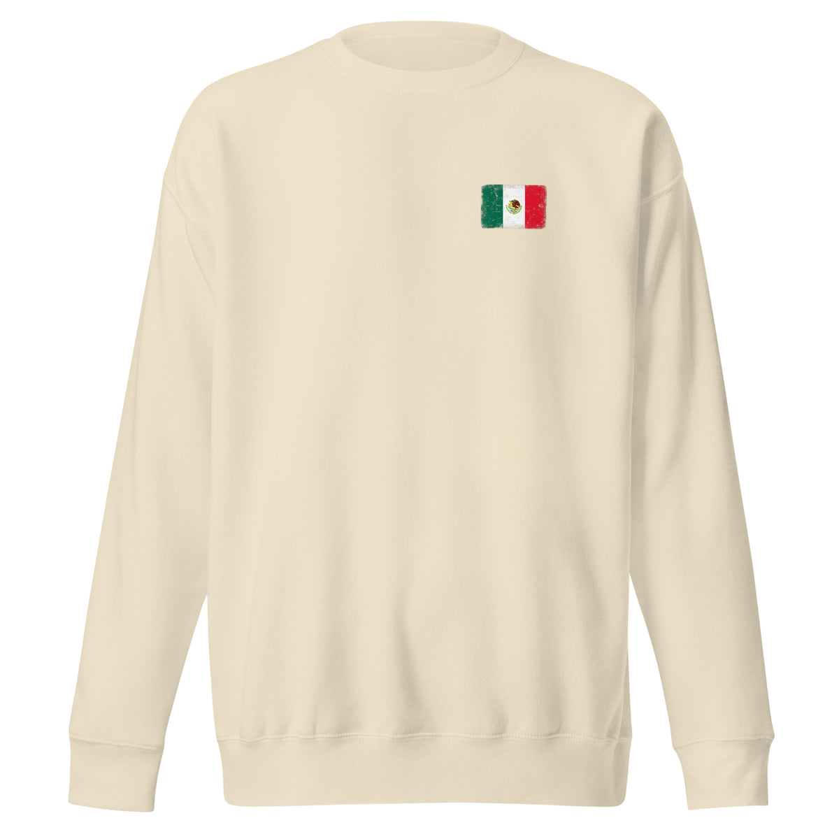 Mexico flag sweatshirt in Bone, vintage-washed print, small flag on the left chest, unisex cut, front view