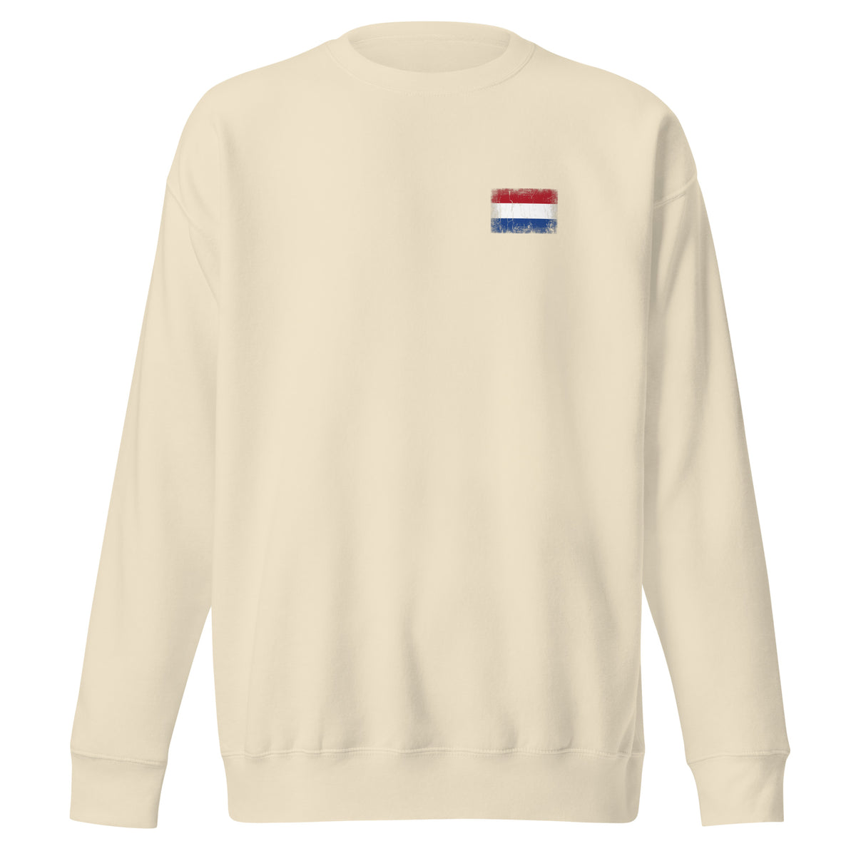 Netherlands flag sweatshirt in Bone, vintage-washed print, small flag on the left chest, unisex cut, front view