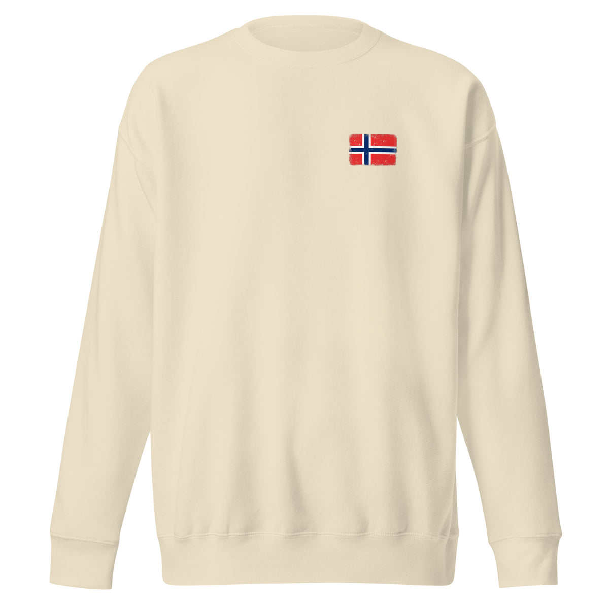 Norway flag sweatshirt in Bone, vintage-washed print, small flag on the left chest, unisex cut, front view
