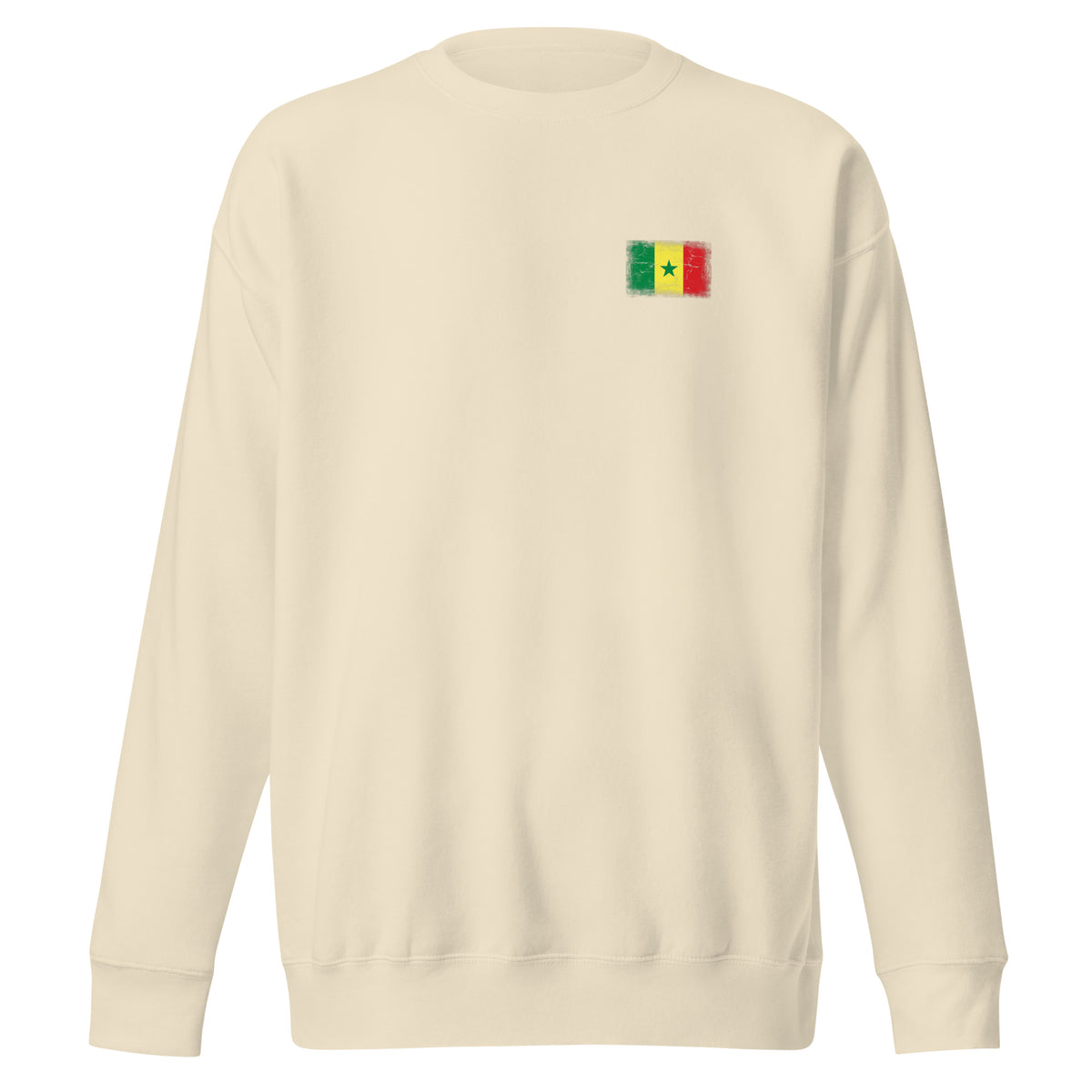 Senegal flag sweatshirt in Bone, vintage-washed print, small flag on the left chest, unisex cut, front view