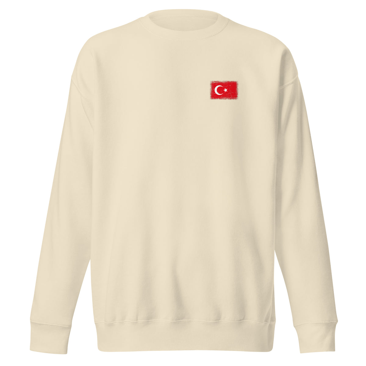 Turkey flag sweatshirt in Bone, vintage-washed print, small flag on the left chest, unisex cut, front view