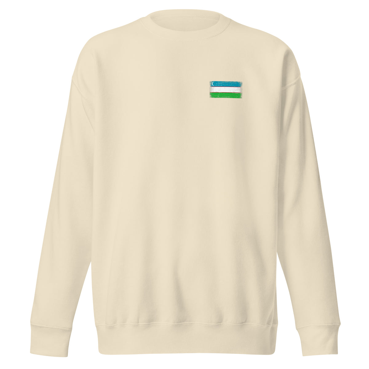 Uzbekistan flag sweatshirt in Bone, vintage-washed print, small flag on the left chest, unisex cut, front view