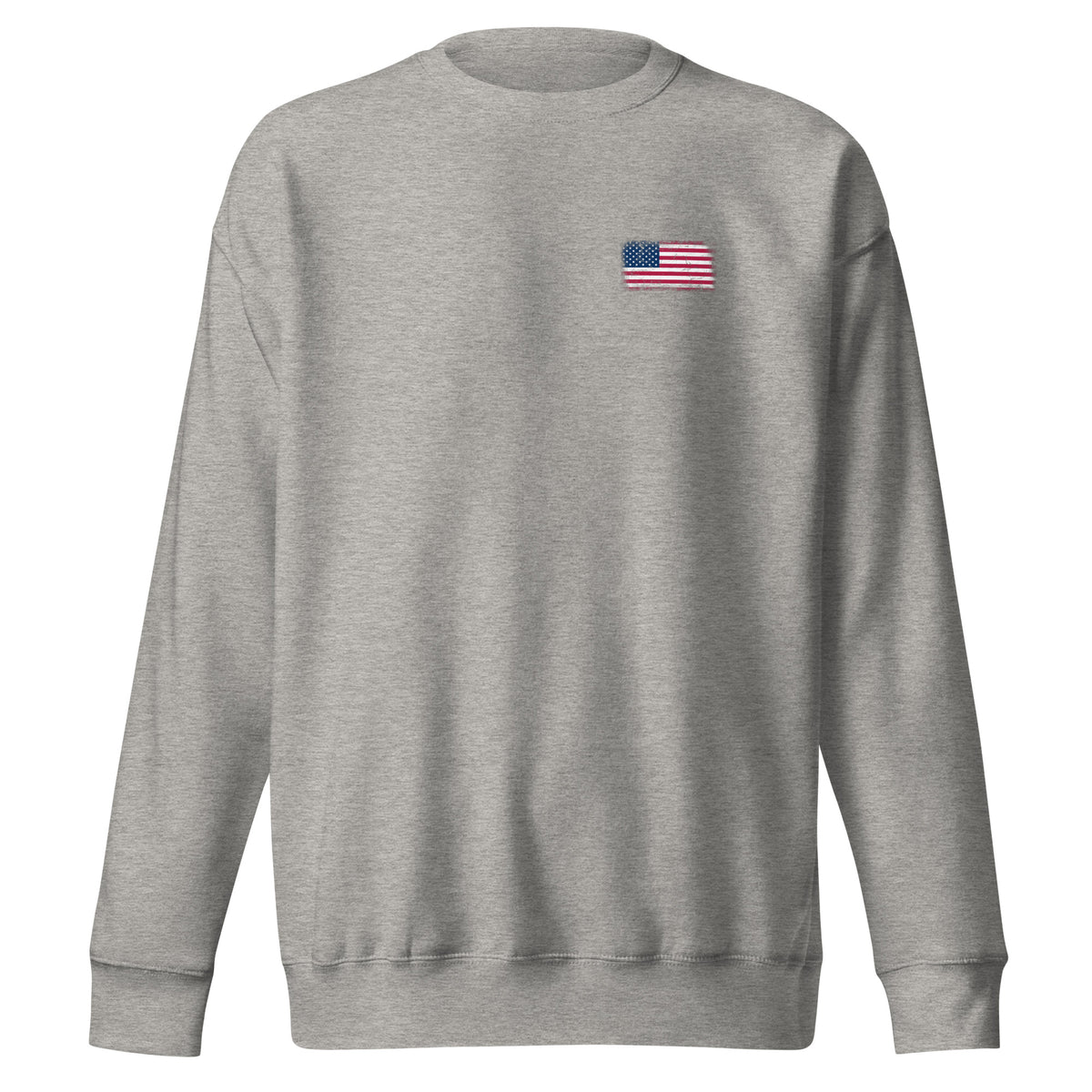 USA flag sweatshirt in Carbon Grey, vintage-washed print, small flag on the left chest, unisex cut, front view