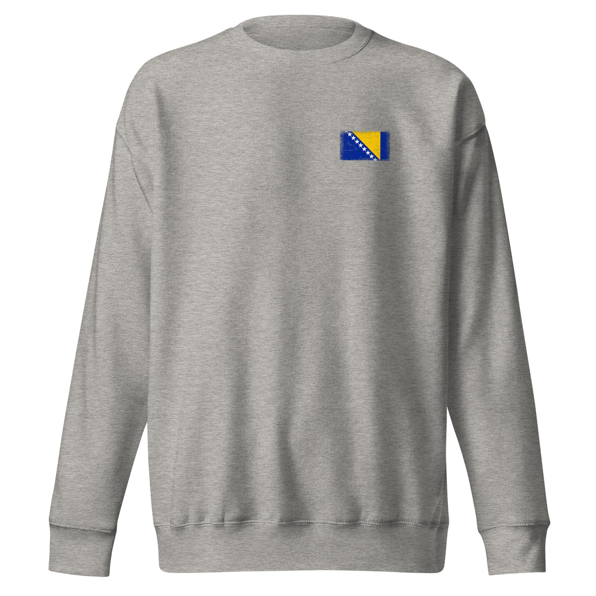 Bosnia and Herzegovina flag sweatshirt in Carbon Grey, vintage-washed print, small flag on the left chest, unisex cut, front view