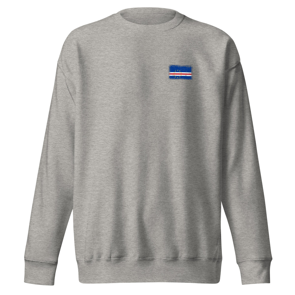 Cape Verde flag sweatshirt in Carbon Grey, vintage-washed print, small flag on the left chest, unisex cut, front view