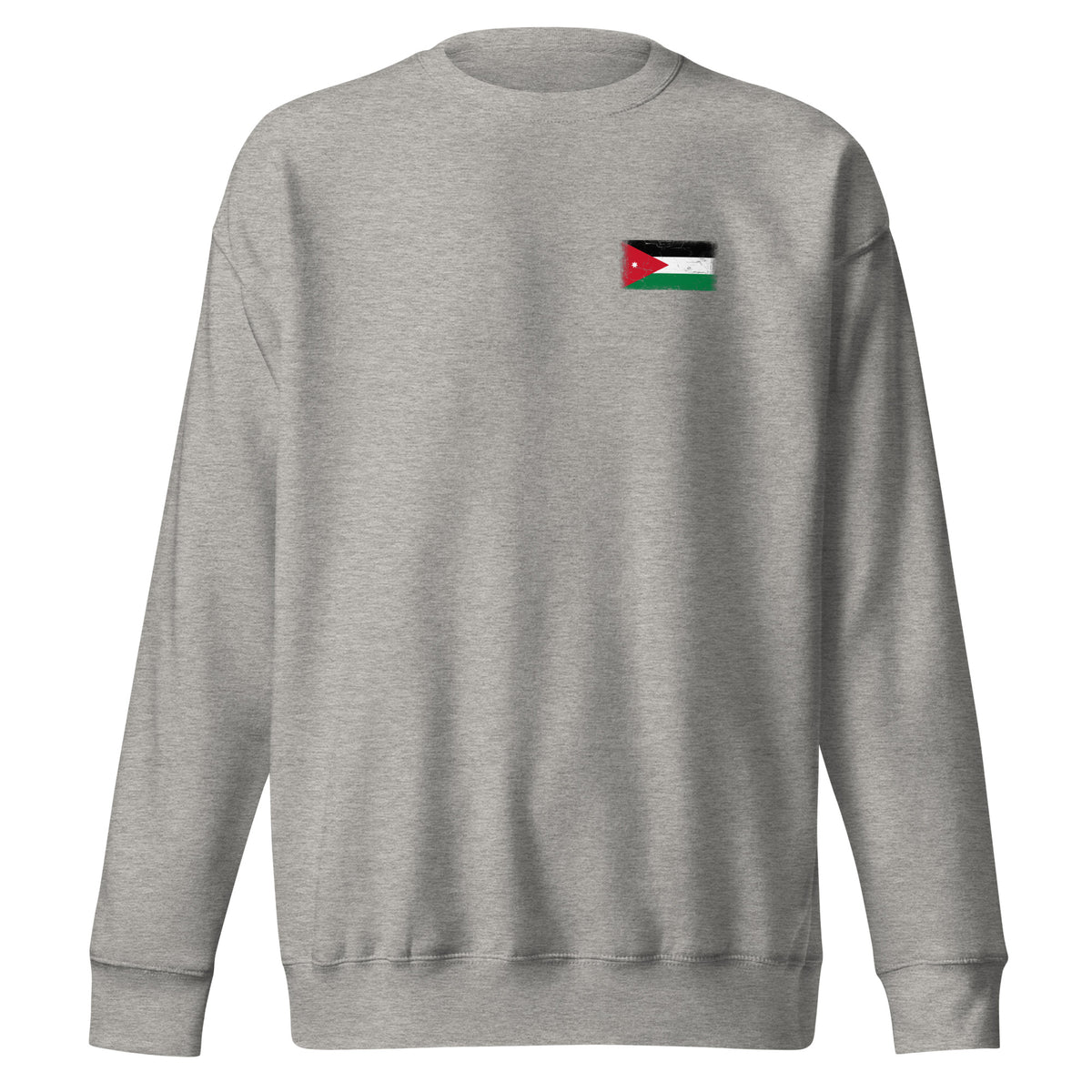 Jordan flag sweatshirt in Carbon Grey, vintage-washed print, small flag on the left chest, unisex cut, front view