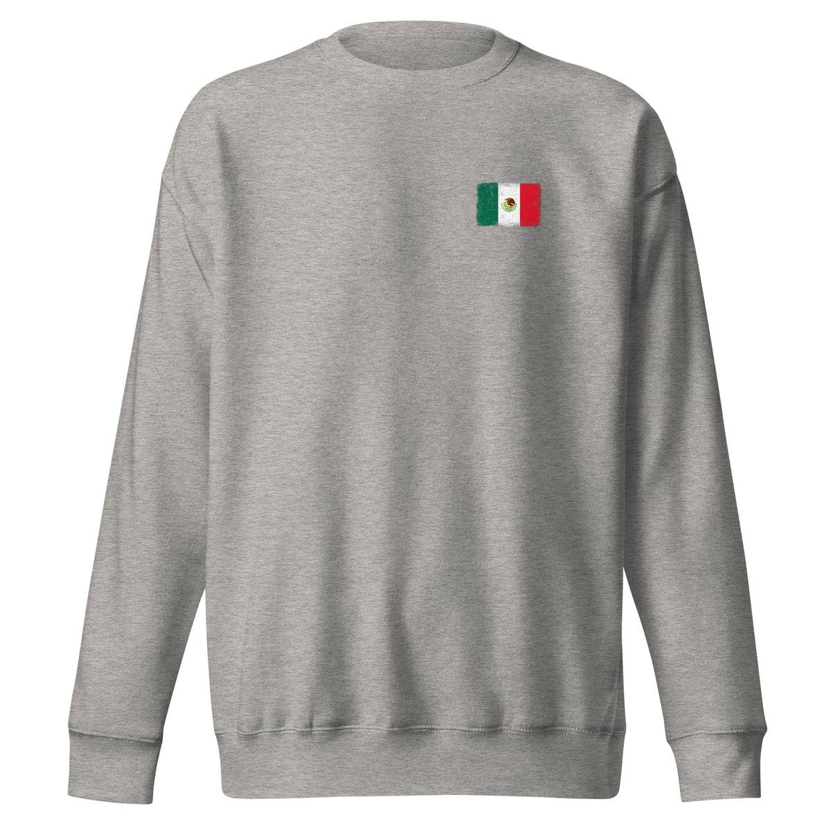 Mexico flag sweatshirt in Carbon Grey, vintage-washed print, small flag on the left chest, unisex cut, front view
