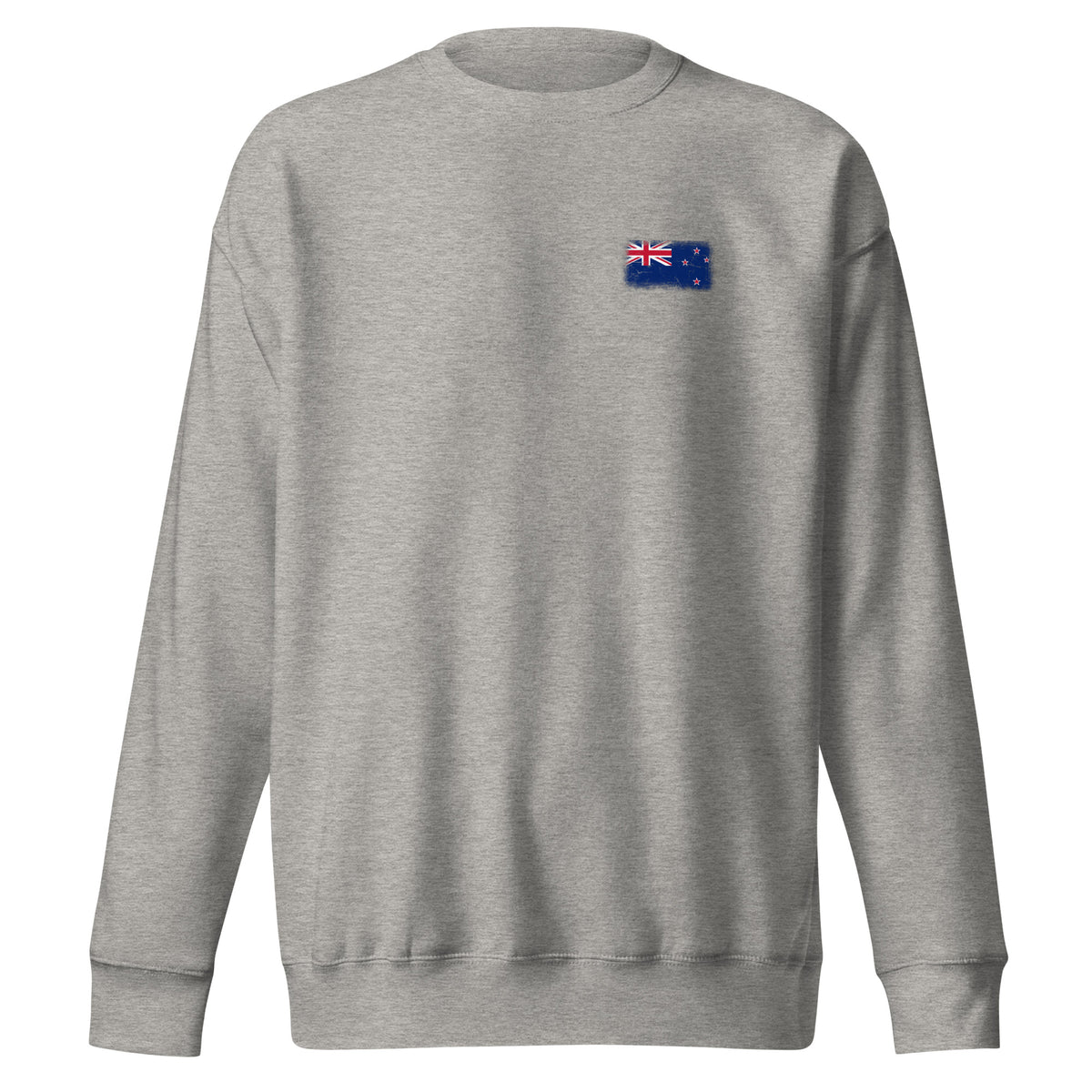 New Zealand flag sweatshirt in Carbon Grey, vintage-washed print, small flag on the left chest, unisex cut, front view