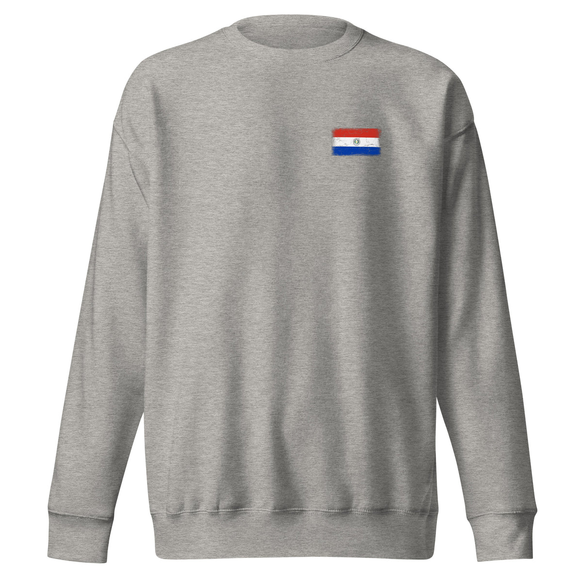 Paraguay flag sweatshirt in Carbon Grey, vintage-washed print, small flag on the left chest, unisex cut, front view