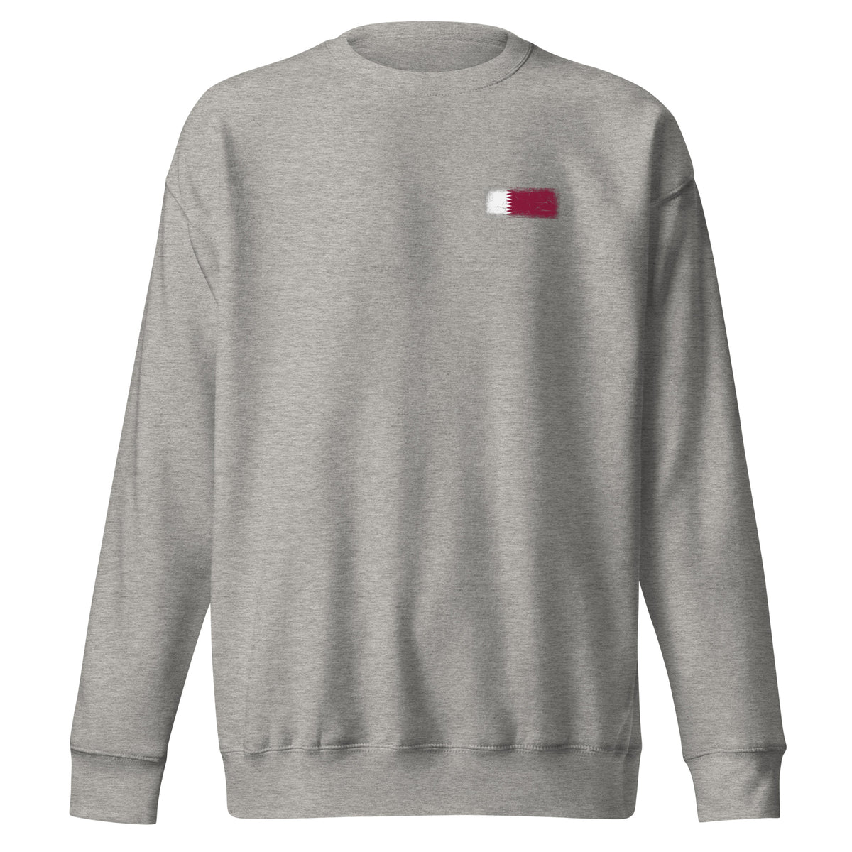 Qatar flag sweatshirt in Carbon Grey, vintage-washed print, small flag on the left chest, unisex cut, front view