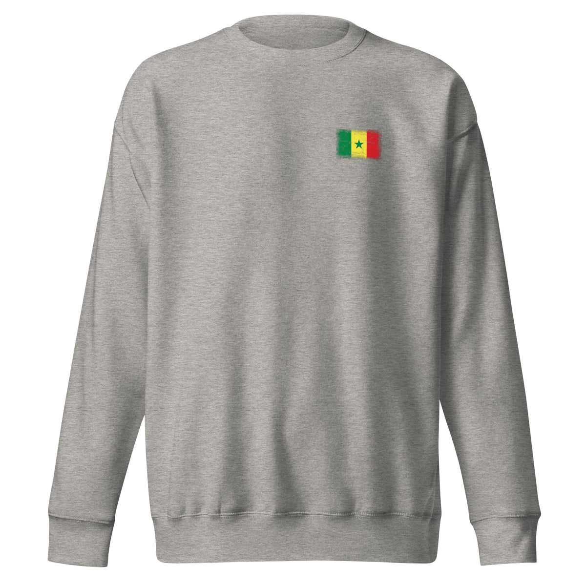 Senegal flag sweatshirt in Carbon Grey, vintage-washed print, small flag on the left chest, unisex cut, front view
