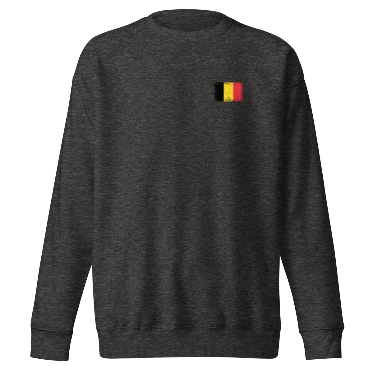 Belgium flag sweatshirt in Charcoal Heather, vintage-washed print, small flag on the left chest, unisex cut, front view