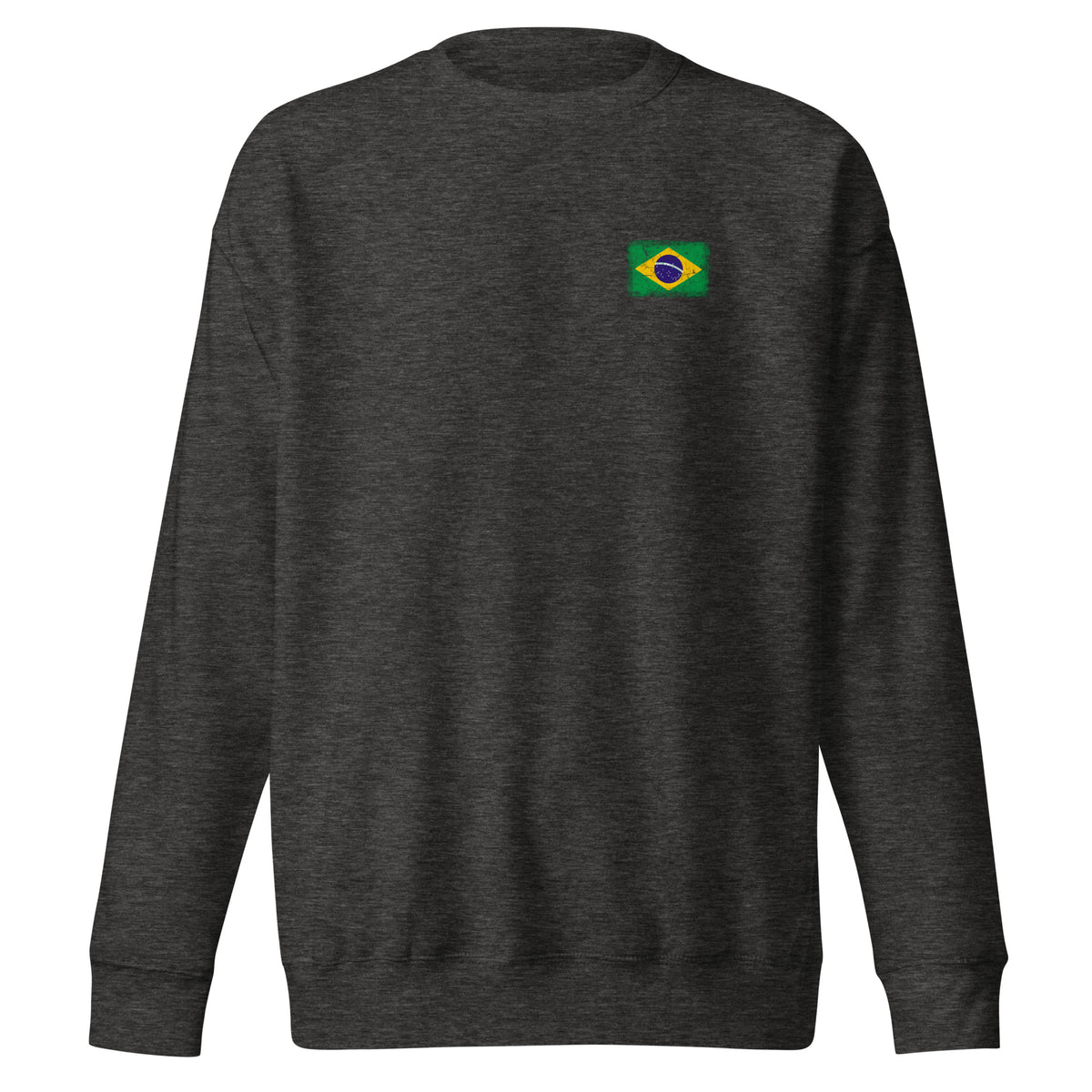 Brasil flag sweatshirt in Charcoal Heather, vintage-washed print, small flag on the left chest, unisex cut, front view