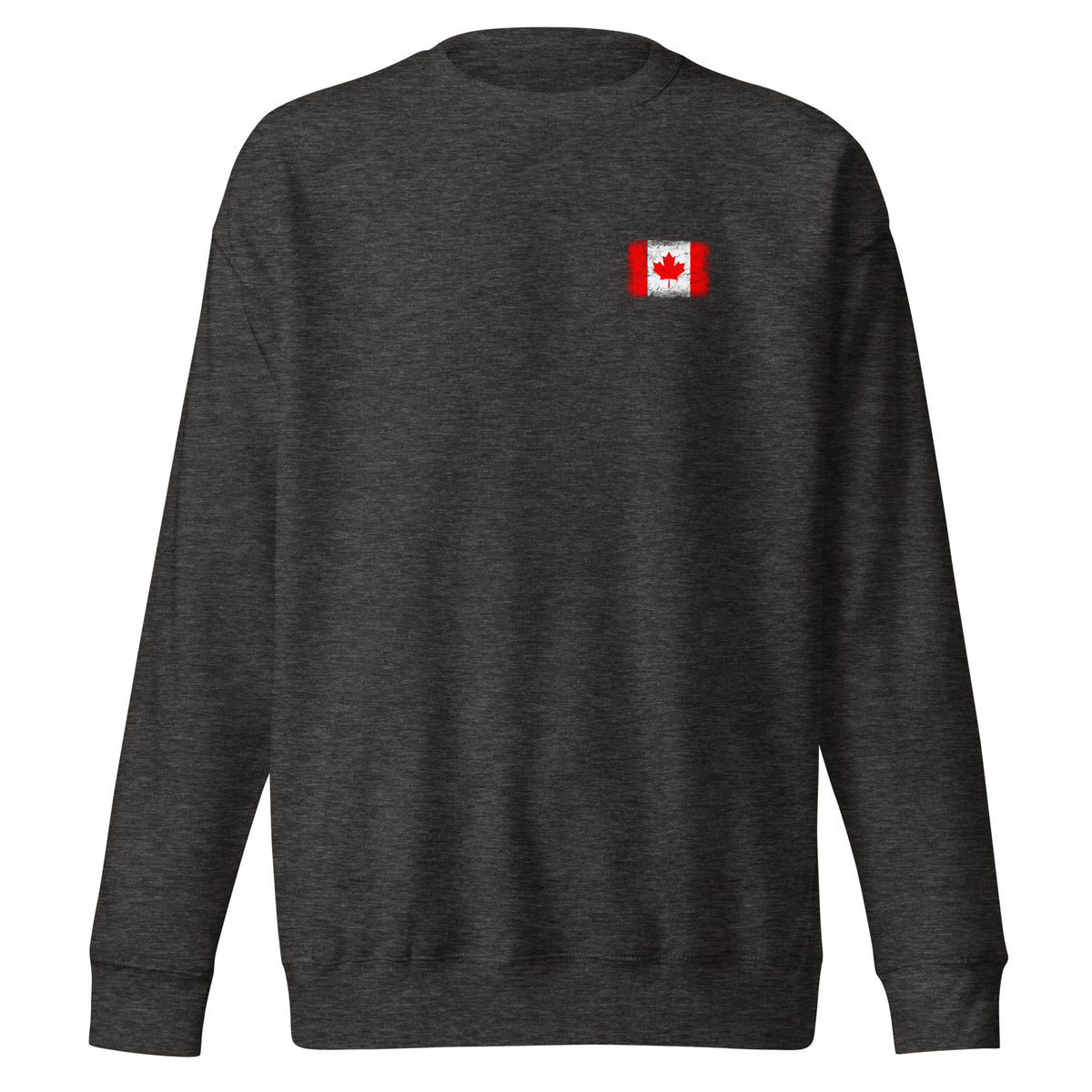 Canada flag sweatshirt in Charcoal Heather, vintage-washed print, small flag on the left chest, unisex cut, front view
