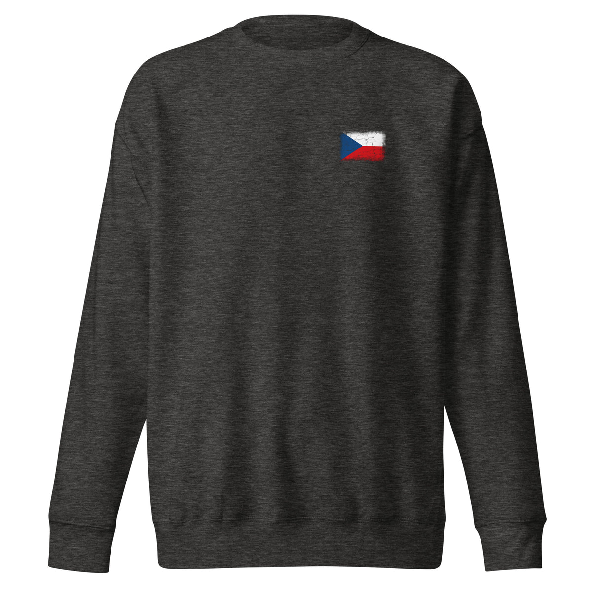 Czechia flag sweatshirt in Charcoal Heather, vintage-washed print, small flag on the left chest, unisex cut, front view