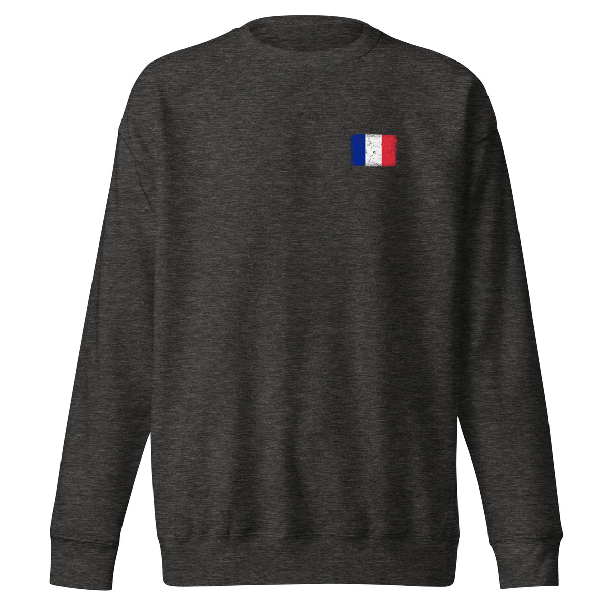 France flag sweatshirt in Charcoal Heather, vintage-washed print, small flag on the left chest, unisex cut, front view
