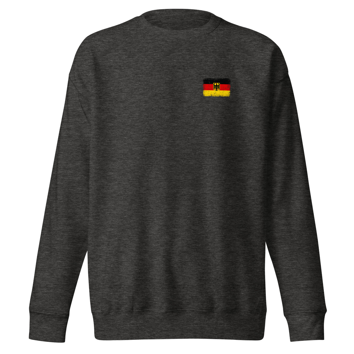 Germany flag sweatshirt in Charcoal Heather, vintage-washed print, small flag on the left chest, unisex cut, front view