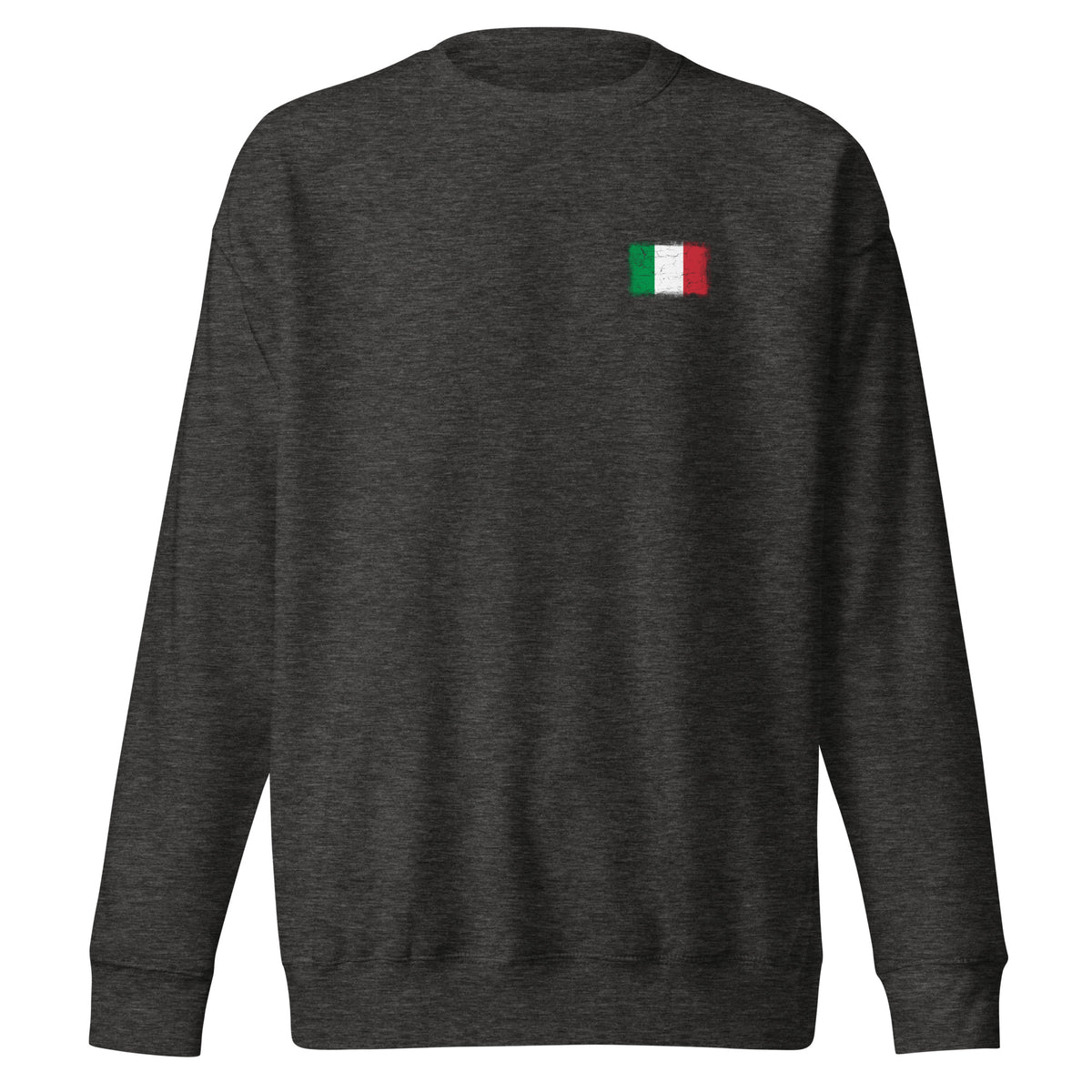Italy flag sweatshirt in Charcoal Heather, vintage-washed print, small flag on the left chest, unisex cut, front view